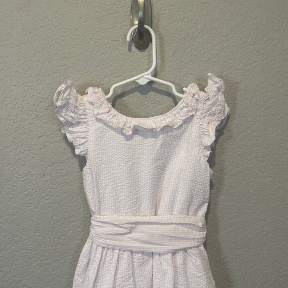 Crewcuts Striped Seersucker Ruffled Shoulder Dress Girls Size 4 Pink Sun Summer - Picture 3 of 8